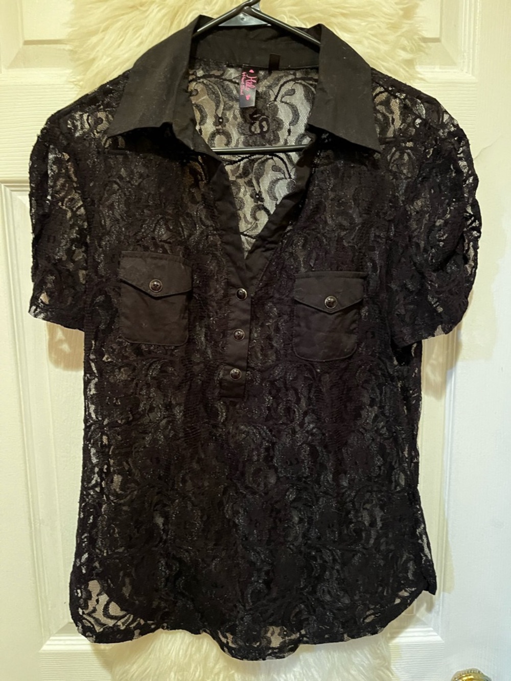 Heart Soul Black Lace Collared Button-Front Blouse